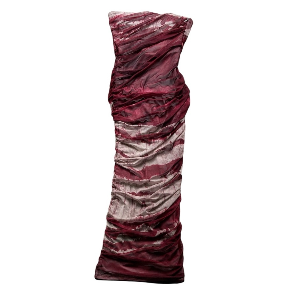 ZARA Strapless Ruched Maxi Dress Size XS Burgundy Beige